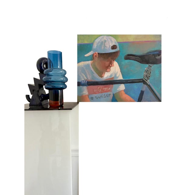 Signed Contemporary Cyclist Portrait Painting / Acrylic Bicycle Sports Figural Form Wall Art For Sale - Image 4 of 8