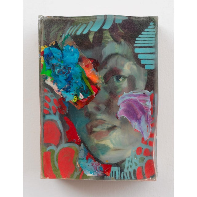 This artwork presents a fragmented portrait, where layers of oil and acrylic interact with vibrant paint pen details,...