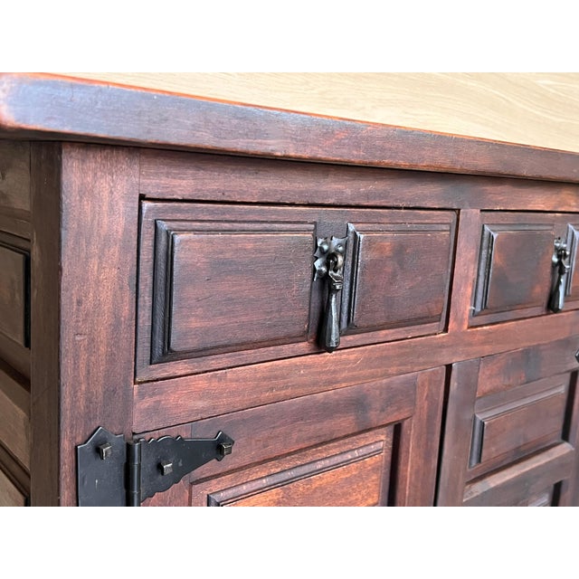 19th Spanish Baroque Carved Walnut Narrow Two Drawer Credenza or Buffet For Sale - Image 6 of 18