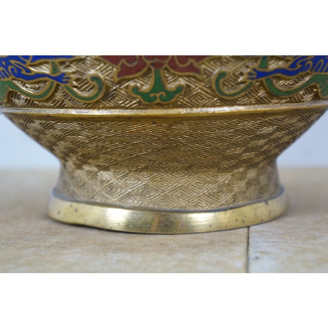 Bronze Antique Japanese Bronze Champleve Cloisonne Enamel Dragon Mantel Vase Urn 12" For Sale - Image 8 of 17