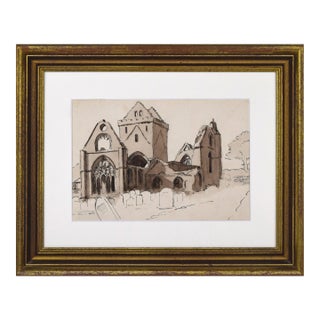 Antique English Watercolor / Pen & Ink Landscape With the Ruins of a Gothic Church For Sale