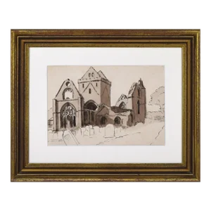 Antique English Watercolor / Pen & Ink Landscape With the Ruins of a Gothic Church