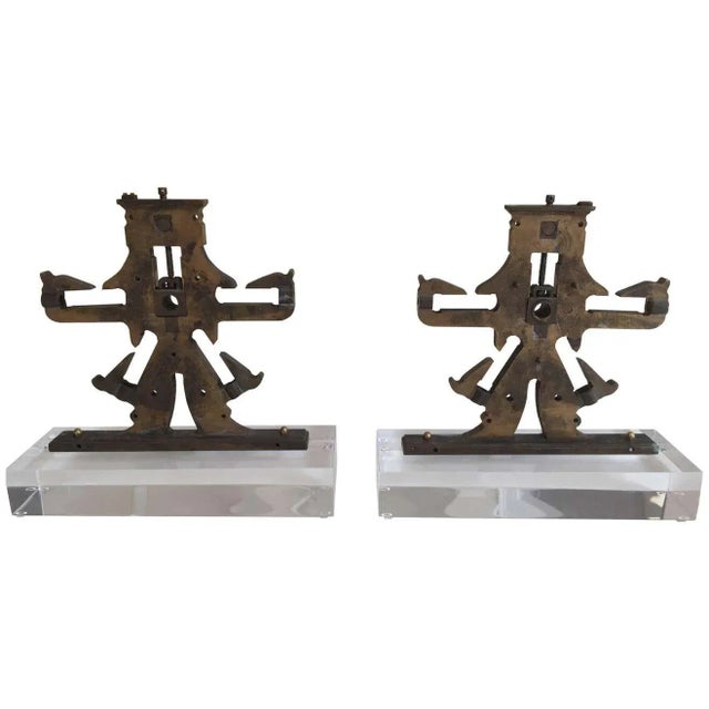 Mid 20th Century Antique Mechanical Objects on Lucite Stand, Bookends For Sale - Image 5 of 5