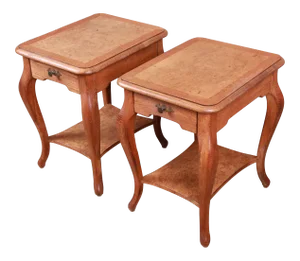 John Widdicomb French Provincial Louis XV Oak and Burl Wood Nightstands, Pair