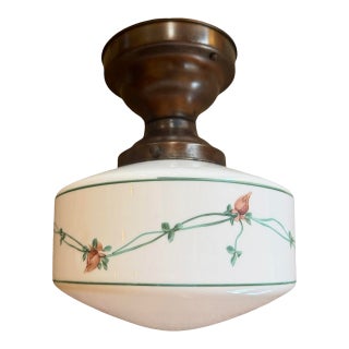 Circa 1920’s Painted Roses on Vines Milk Glass Flushmount For Sale