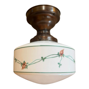 Circa 1920’s Painted Roses on Vines Milk Glass Flushmount