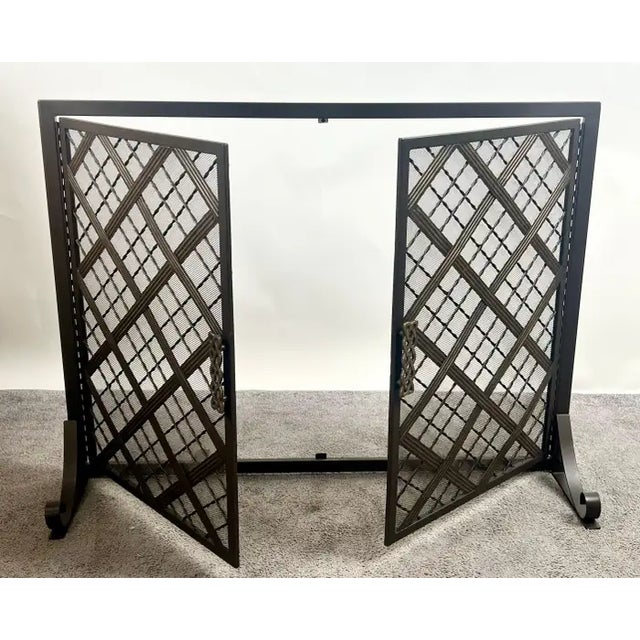 1990s Art Deco Style Black & Bronzed Metal Two-Door & Diamond Design Fireplace Screen For Sale - Image 5 of 16