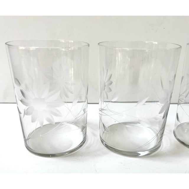 Glass Vintage Floral Etched Juice Glass Tumblers - Set of 7 For Sale - Image 7 of 12
