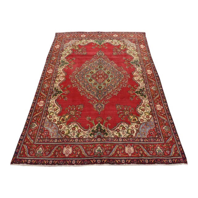 Tabriz Rug 9’5” X 12’7” Red Wool Traditional Hand-Knotted Oriental Carpet For Sale