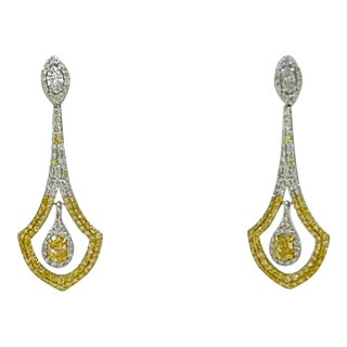 Mid 20th Century Yellow and White Diamond Dangle Earrings in 18k White Gold - 2 Pieces For Sale