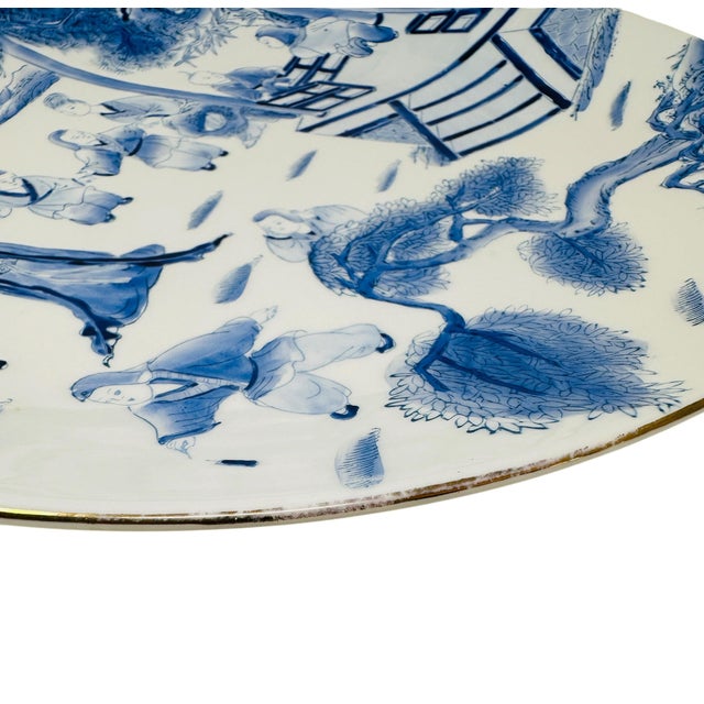1980s Large 12.5" Chinoiserie Blue & White Porcelain Charger - Hand-Painted "Children at Play" Motif - Vintage 1980s Macau Export Art For Sale - Image 5 of 9