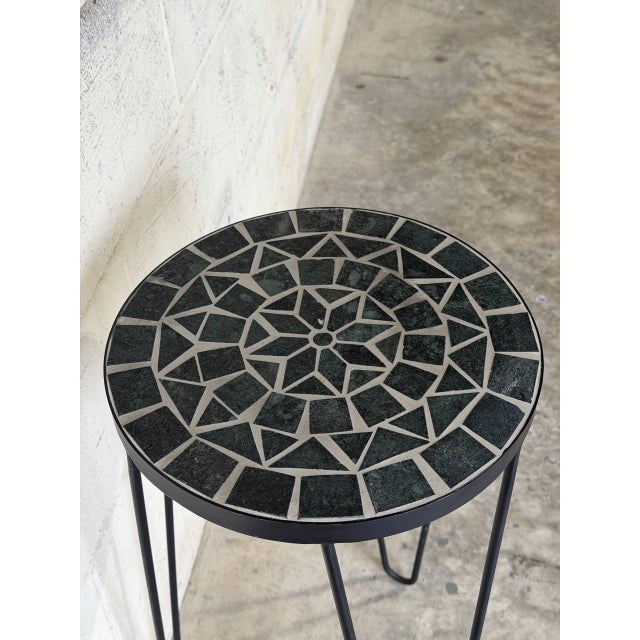 Black Stone Mosaic Top Plant Pedestal With Metal Hairpin Legs Vintage 1970s For Sale In Los Angeles - Image 6 of 10