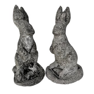 Composition Stone Garden Rabbit Sculptures With Weathered Patina, Pair For Sale