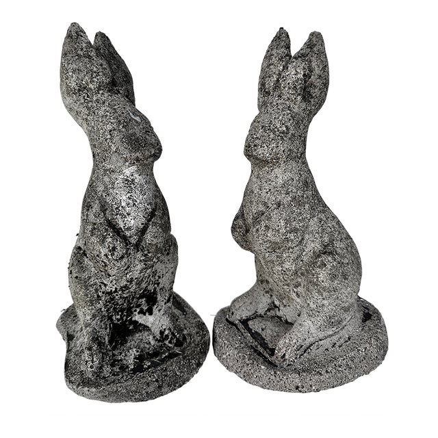Composition Stone Garden Rabbit Sculptures With Weathered Patina, Pair For Sale