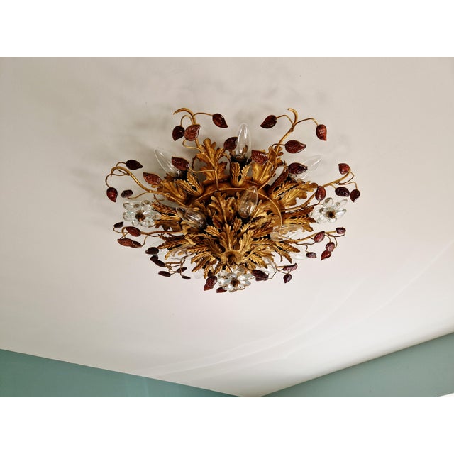 Large Floral Ceiling Light in Brass and Crystal by Banci Firenze, Italy, 1970s For Sale - Image 11 of 14