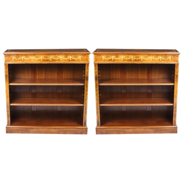 Vintage Sheraton Burr Walnut Low Open Bookcases, Set of 2 For Sale