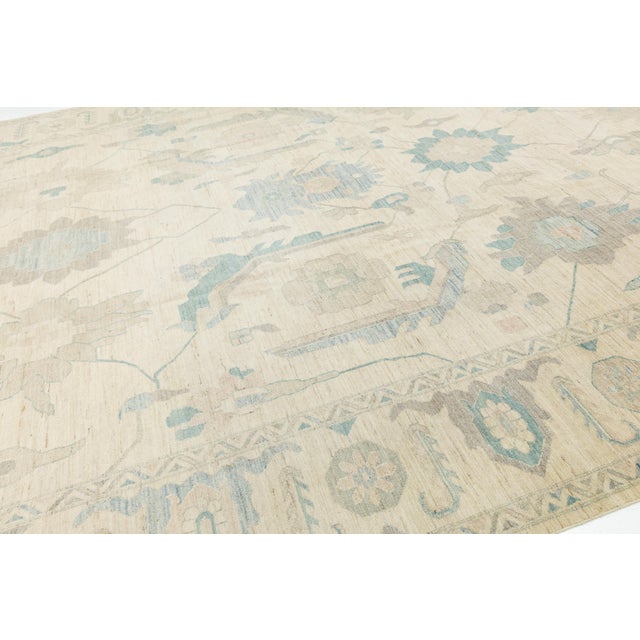 Textile Modern Oushak Style Hand-Knotted Wool Area Rug in Neutral Beige & Soft Teal For Sale - Image 7 of 12
