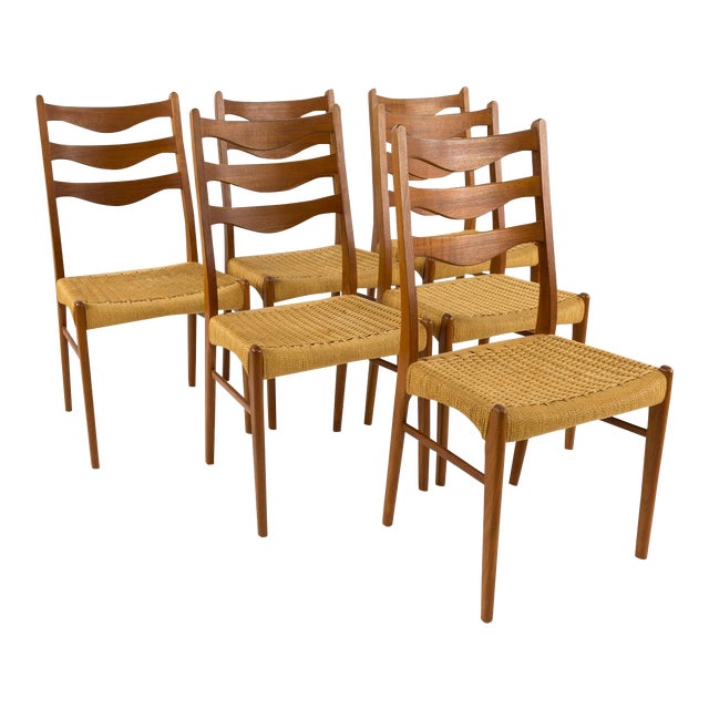 Mid Century Danish Teak Roped Ladder Back Dining Chairs ...