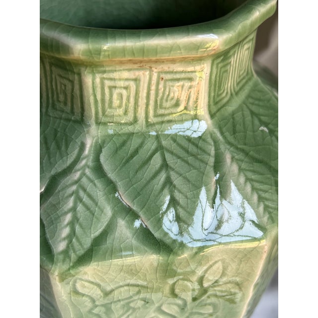Vintage 1970s Chinese Export Chinoiserie Eight Sided Floral Embossed Celadon Vase For Sale - Image 11 of 12