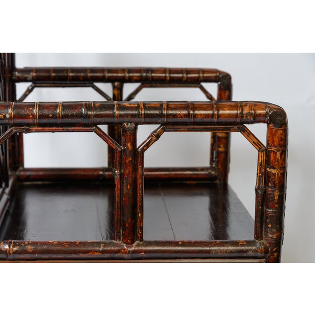 19Th C. Pair Chinese Dark Tortoiseshell Bamboo Armchairs Early For Sale - Image 12 of 12