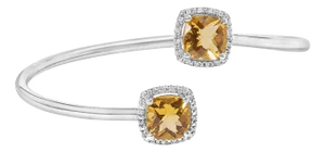 .925 Sterling Silver 8mm Cushion Cut Yellow Citrine Gemstone and Diamond Accent Split Bypass Bangle Bracelet - Fits up to 7.75" Inches