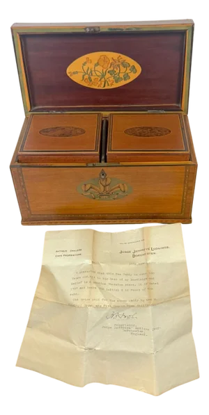 Documented Georgian /Sheraton Marquetry Tea Caddy, with Prince of Wales Feathers