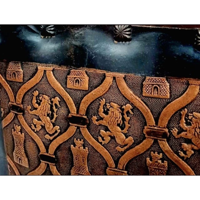 Antique Spanish Castilian Renaissance Revival Armchair in Hand-Carved Wood with Leather Upholstery, 1800s For Sale - Image 4 of 9