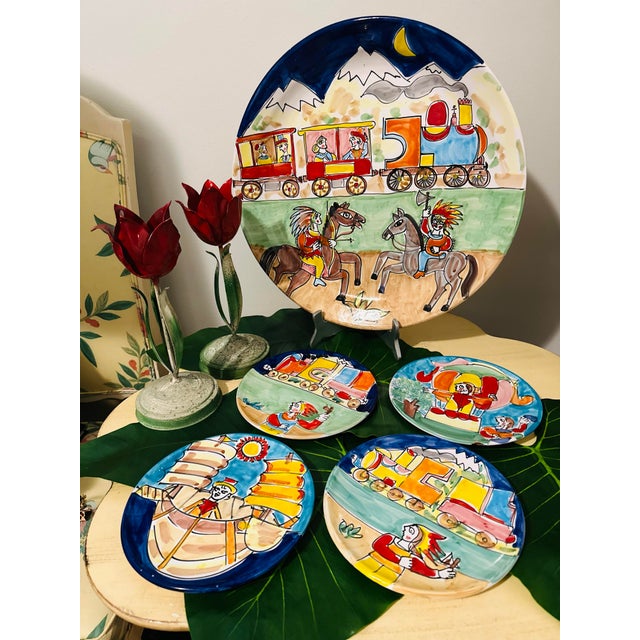 Fabulous Italian folk art wall plates or serving dishes, they have holes at the back to hang on the wall. Beautiful bright...