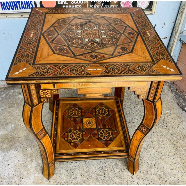 Mid 20th Century Moorish Mother of Pearl Wood Marquetry Inlay Occasional Side Square Tea Table For Sale - Image 4 of 12