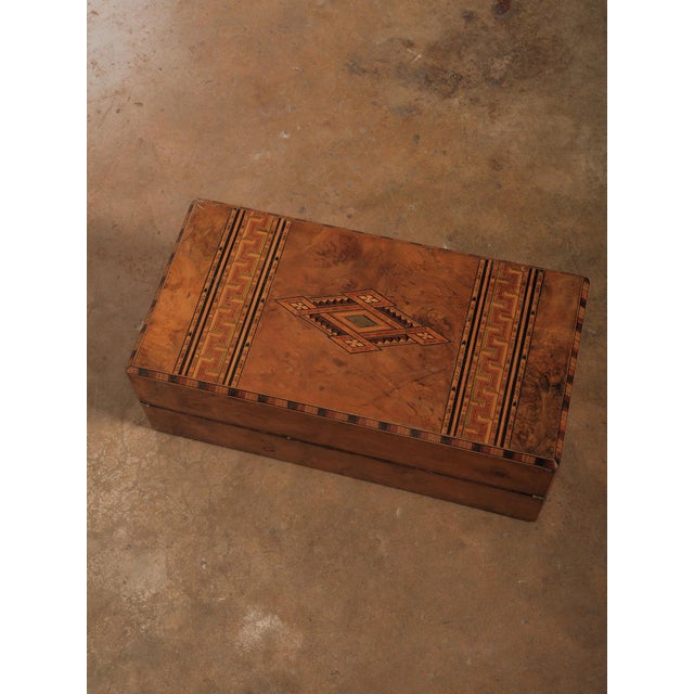 Vintage Marquetry Inlaid Writing Slope Lap Desk With Geometric Motif and Leather Interior For Sale - Image 13 of 13