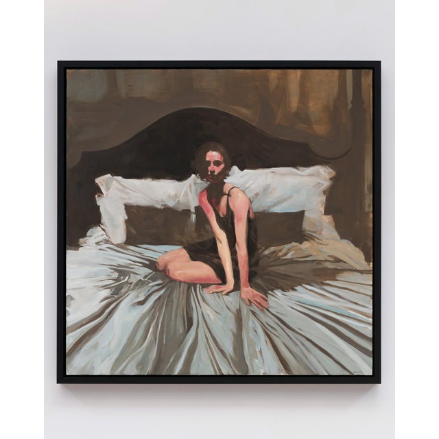 The artwork depicts a solitary figure sitting on a rumpled bed, bathed in warm, muted tones that evoke a sense of intimacy...