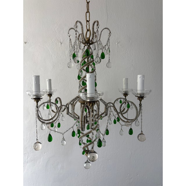 French French Maison Baguès Murano Green Drops Beaded Scrolls Chandelier Rare C 1940 For Sale - Image 3 of 18