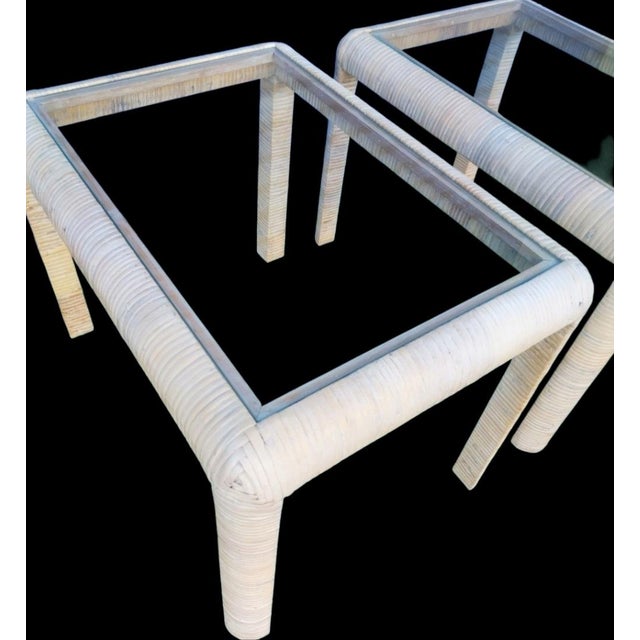 1970s Vintage Coastal White Wash Rattan Wrapped Glass Top Rectangular Side Tables- A Pair For Sale - Image 5 of 6
