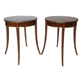 French Classical Style Cherry Wood Round Gilt Bronze Side Tables - A Pair For Sale