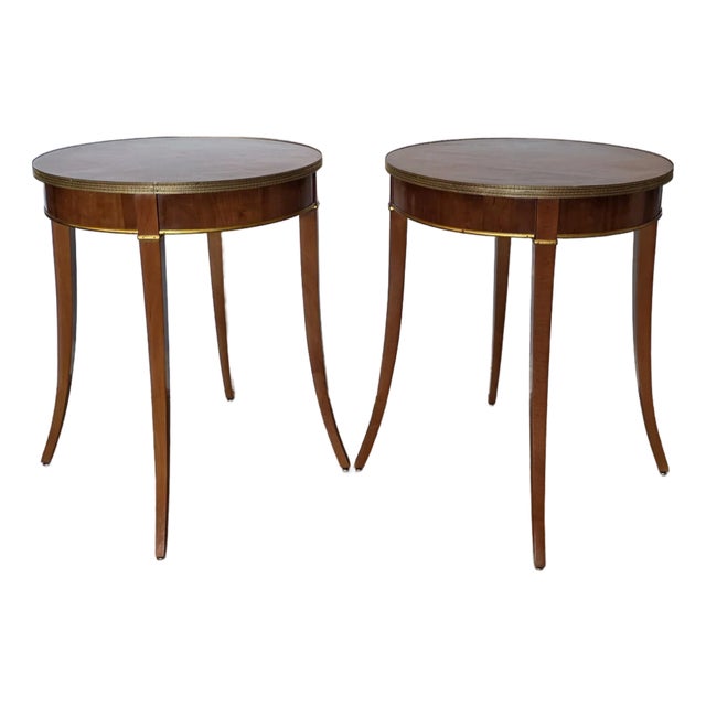 French Classical Style Cherry Wood Round Gilt Bronze Side Tables - A Pair For Sale