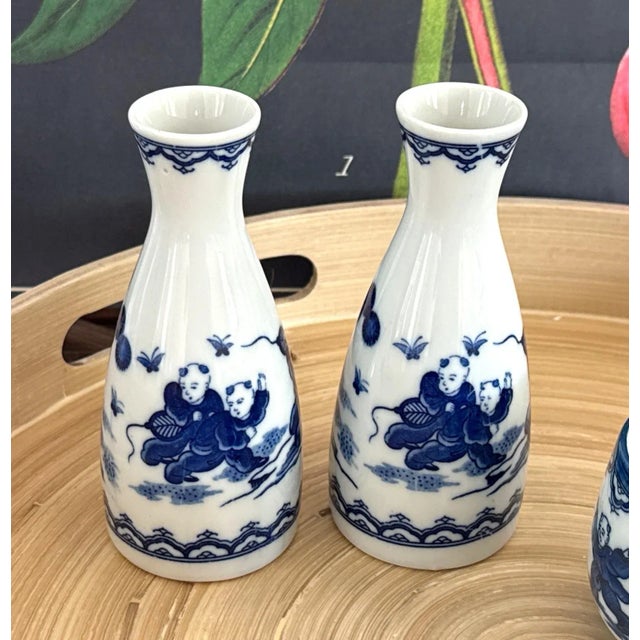 Vintage Japanese Sake Bottles & Cups – “Boys Chasing Butterflies” (1960s) - A truly charming set! Blue & White...