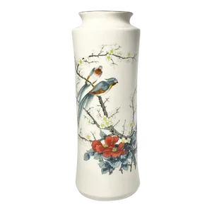 1980s Japanese Porcelain Concave Cylinder Bouquet Vessel Vase, Floral & Bird Motifs
