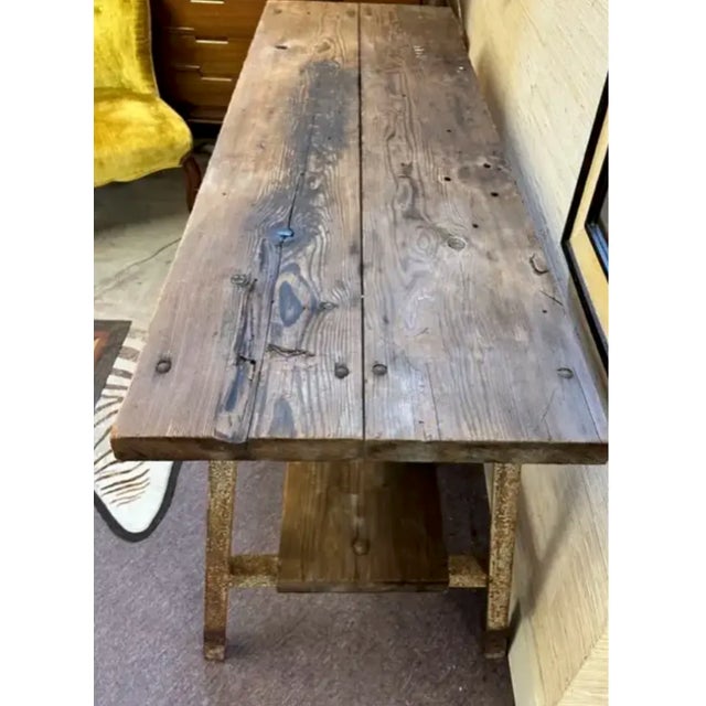 Wood Early Iron and Wood Industrial Table - Use as Kitchen Island or Console Table For Sale - Image 7 of 9