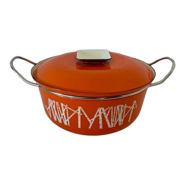 1960s Mid-Century Modern Catherineholm Rune Fence Post Sticks Casserole Dutch Oven W Lid Orange & White For Sale