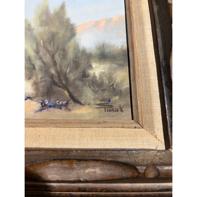 Textile 1960s Original Signed Sonia Punak Desert Landscape Acrylic on Canvas in Original Carved Wood Frame – 18” X 16” For Sale - Image 7 of 11