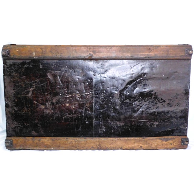 Antique Alligator Skin Design Metal, & Oak Slats Camelback Domed, Wheeled Steamer Trunk For Sale - Image 11 of 11