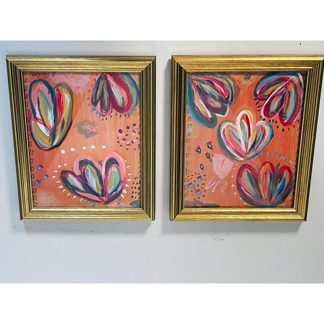 1970s Charming Pair of Colourful Abstract Mixed Media Paintings Framed For Sale - Image 4 of 8
