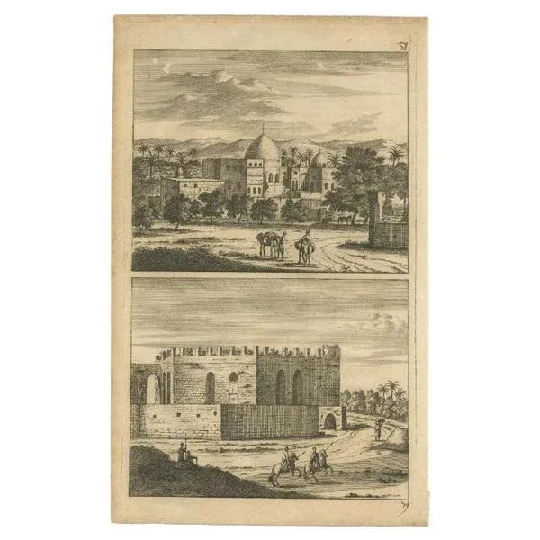 Untitled antique print with two views of Cairo, Egypt. 78: Palace of Sultan Gori. 79. Tower and aqueduct. This print...