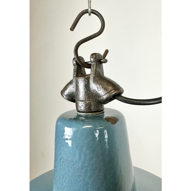 Blue Industrial Blue Enamel Factory Lamp with Cast Iron Top, 1960s For Sale - Image 8 of 14