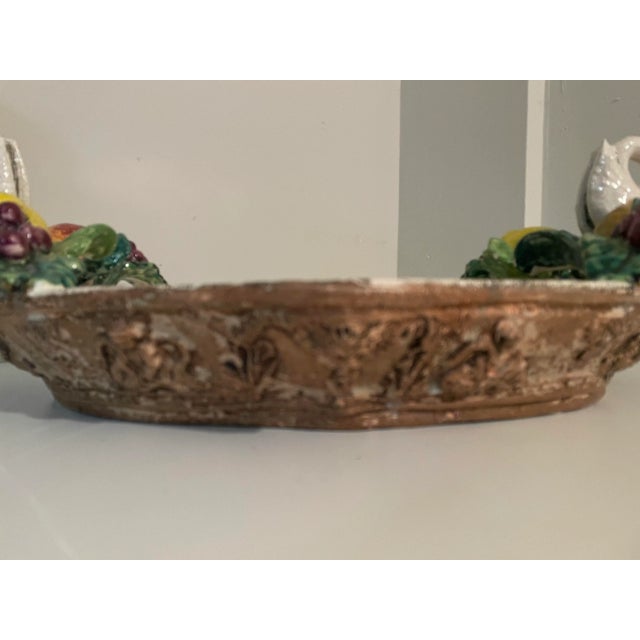 White Monumental Italian Majolica Swan Centerpiece Bowl by Abigails Italy, Hand-Painted Fruit & Faux Bois, 24 For Sale - Image 8 of 11