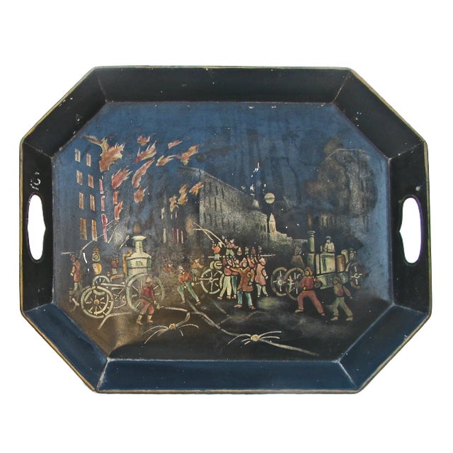 Early 20th Century Early 20th C. Hand-Painted Tole Tray of Fire Brigade, Signed For Sale - Image 5 of 5