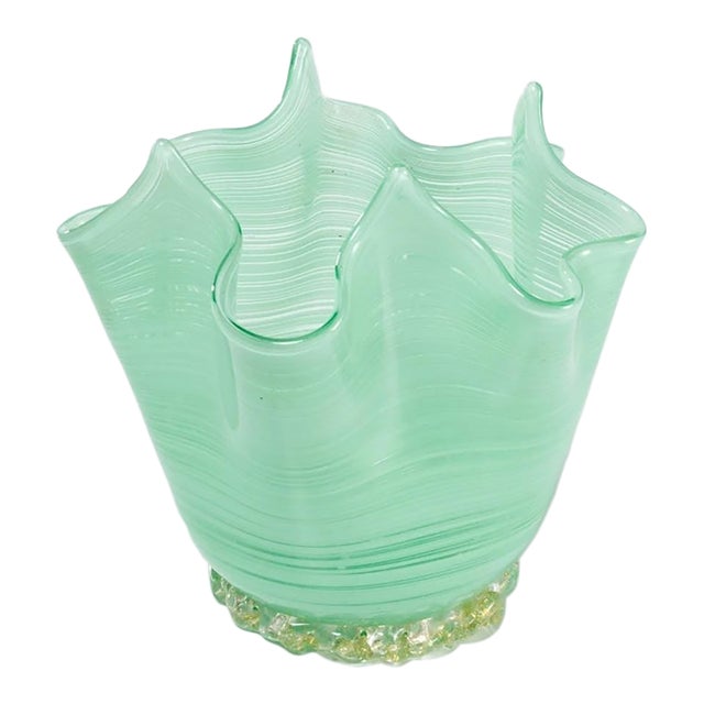 Vintage Venezia Venetian Art Glass Murano Style Handkerchief Vase Green For Sale