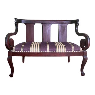 Late 19th Century Empire Mahogany Settee With Swirled Arms and Upholstered Seat For Sale