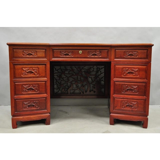 Vintage Chinese Bird Carved Hardwood Kneehole Writing Desk With Decorated Back For Sale - Image 18 of 18