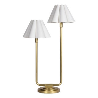 Polly Double Arm Table Lamp, Natural Brass with Linen Scalloped Shade For Sale